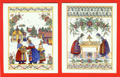 Two illustrated scenes adorn the Swedish Folk Art Gift Enclosure Cards: left shows three women in winter attire outside with baskets; right features two women baking indoors in traditional clothing, all framed by floral borders. Designed by Linda Allen, perfect for gifting.