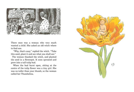 Illustration from "Book: Thumbelina by Elsa Beskow" showing a tiny girl in a yellow tulip beside a storybook page with text and a small black-and-white drawing of a woman talking to an old witch, in Beskow’s signature style.