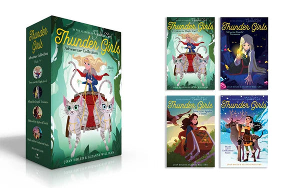 The Thunder Girls Adventure Collection boxed set includes four illustrated paperbacks featuring fantasy elements and young female characters inspired by Norse mythology on magical journeys beginning at Asgard Academy.