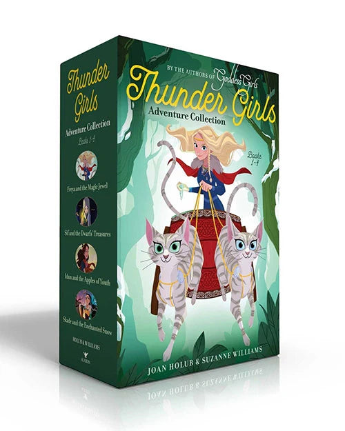 Boxed set of 4 paperbacks Thunder Girls Adventure Collection by Joan Holub and Suzanne Williams explores Norse mythology at Asgard Academy, featuring a girl with two large cats on the cover.