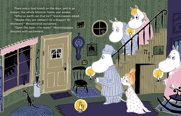 Illustration of the Moomin family in pajamas holding candles by the door. Text on the left narrates a surprising nighttime knock, akin to a classic childrens tale from Book: Wild Guests (Moomin) Little Golden Book.