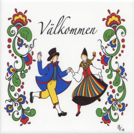 Charming 6 ceramic tile: Swedish Couple Valkommen by Susan Swanson Swartz, featuring a couple in traditional costumes with Välkommen and floral patterns—a perfect Swedish welcome accent.