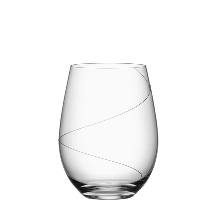 The KostaBoda: Line Stemless Glass 20oz showcases exquisite Swedish craftsmanship with its modern spiral design etched around the surface.