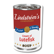 A can labeled “Condensed Extra Chunky Cream of Lutefisk Soup” with red, white, and blue Scandinavian-inspired design elements.