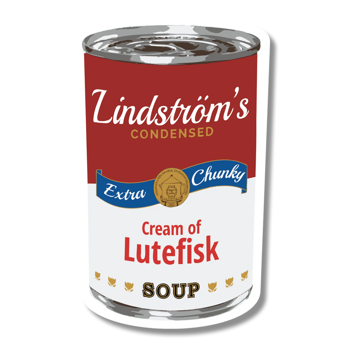 A can labeled “Condensed Extra Chunky Cream of Lutefisk Soup” with red, white, and blue Scandinavian-inspired design elements.