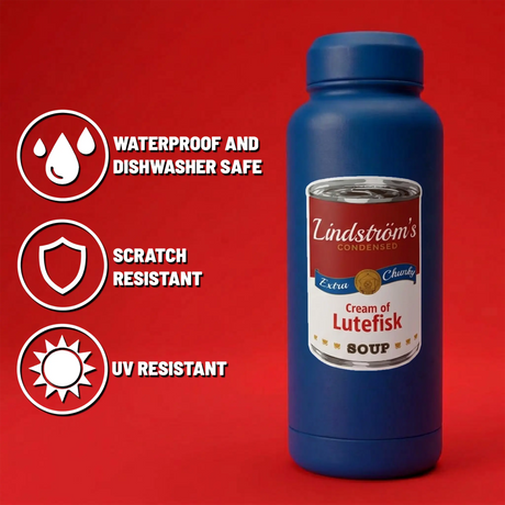 Blue bottle labeled “Cream of Lutefisk Soup” with Nordic stickers and icons for waterproof, dishwasher safe, scratch resistant, UV resistant on a red background.