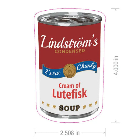 A can labeled “Condensed Extra Chunky Cream of Lutefisk Soup” with Nordic Stickers design elements inspired by Scandinavian culture; 4 inches tall, 2.5 inches wide.