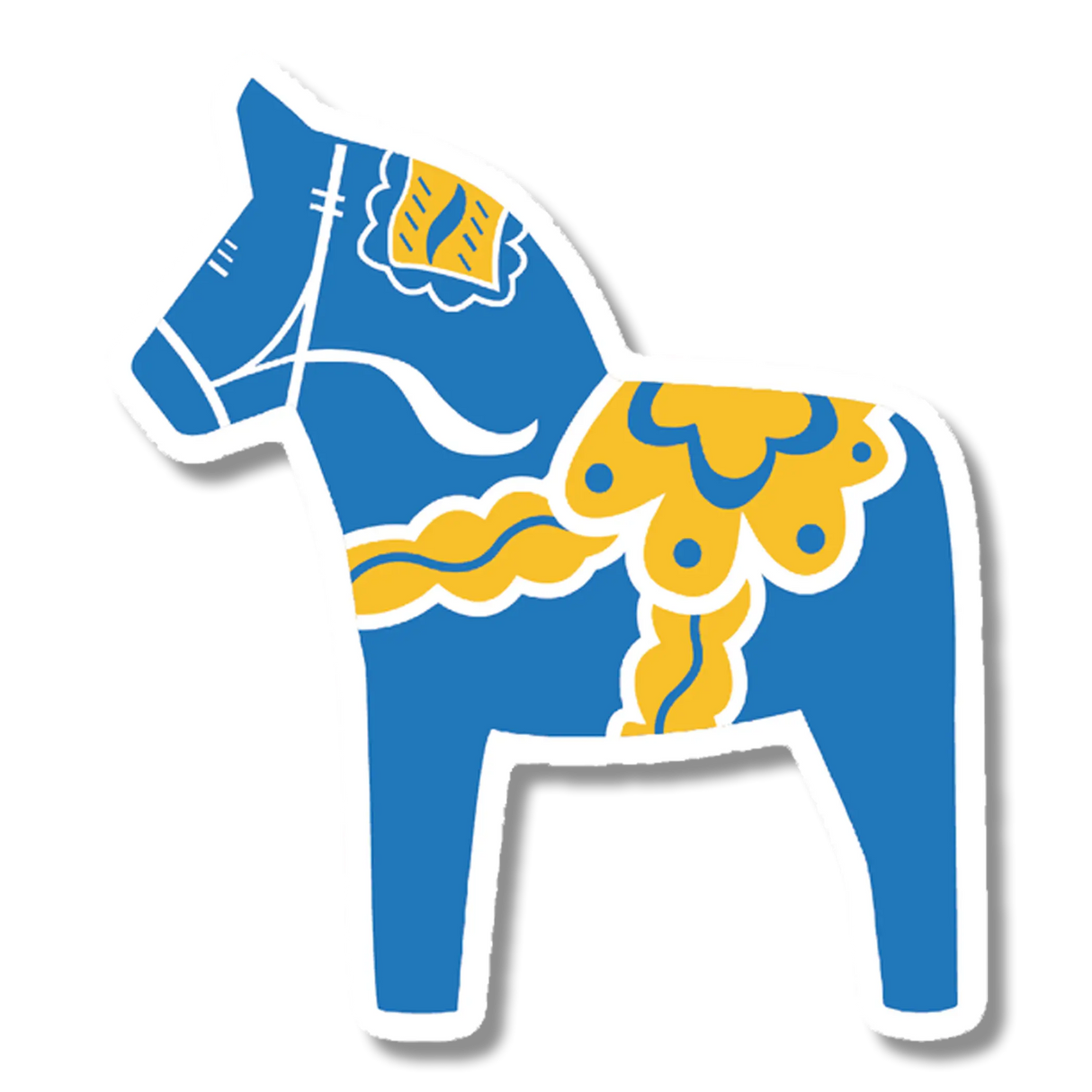 Blue Swedish Dala horse sticker with yellow and white decorative patterns in traditional folk art style, facing left.