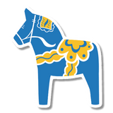 Blue Swedish Dala horse sticker with yellow and white decorative patterns in traditional folk art style, facing left.