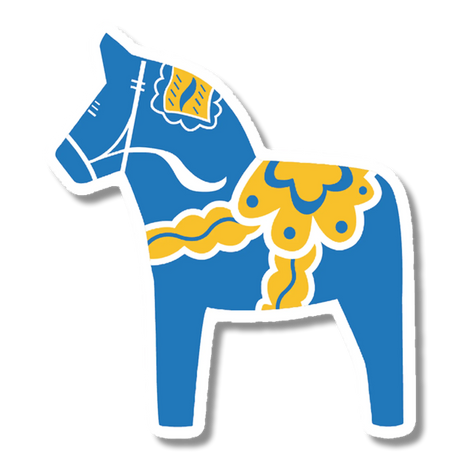 Blue Swedish Dala horse sticker with yellow and white decorative patterns in traditional folk art style, facing left.