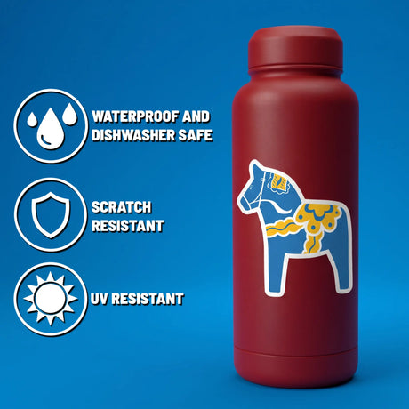 Red bottle featuring a blue Swedish Dala Horse sticker and blue icons with text: waterproof, dishwasher safe, scratch resistant, UV resistant.