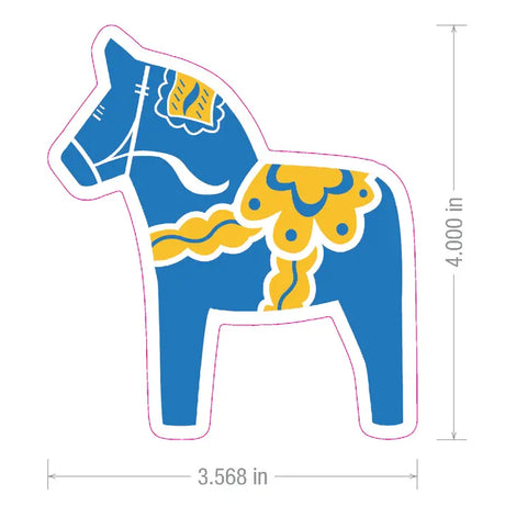 Blue and yellow Swedish Dala horse sticker with decorative patterns, shown with dimension lines measuring 4″ by 3.568″.
