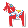 Sticker of a red Swedish Dala horse in profile, decorated with white, blue, and yellow patterns on a plain background.