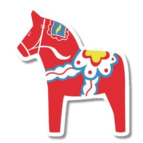 Sticker of a red Swedish Dala horse in profile, decorated with white, blue, and yellow patterns on a plain background.