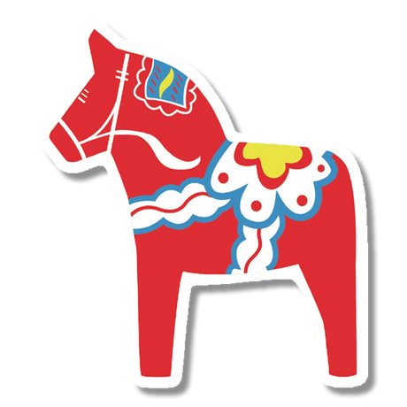 Sticker of a red Swedish Dala horse in profile, decorated with white, blue, and yellow patterns on a plain background.