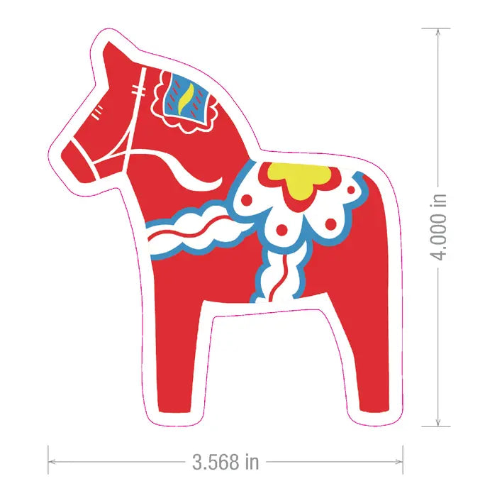 Red Swedish Dala Horse sticker with multicolored Scandinavian patterns, measuring 4 inches tall by 3.568 inches wide.