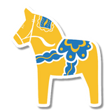 Yellow Swedish Dala horse sticker with blue and white patterns, shown in profile on a white background. Scandinavian folk art design is visible.