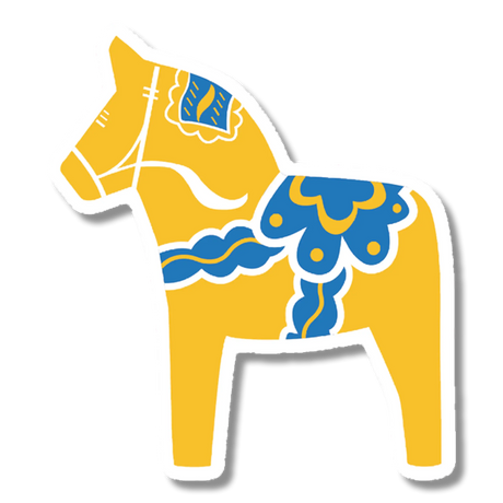 Yellow Swedish Dala horse sticker with blue and white patterns, shown in profile on a white background. Scandinavian folk art design is visible.