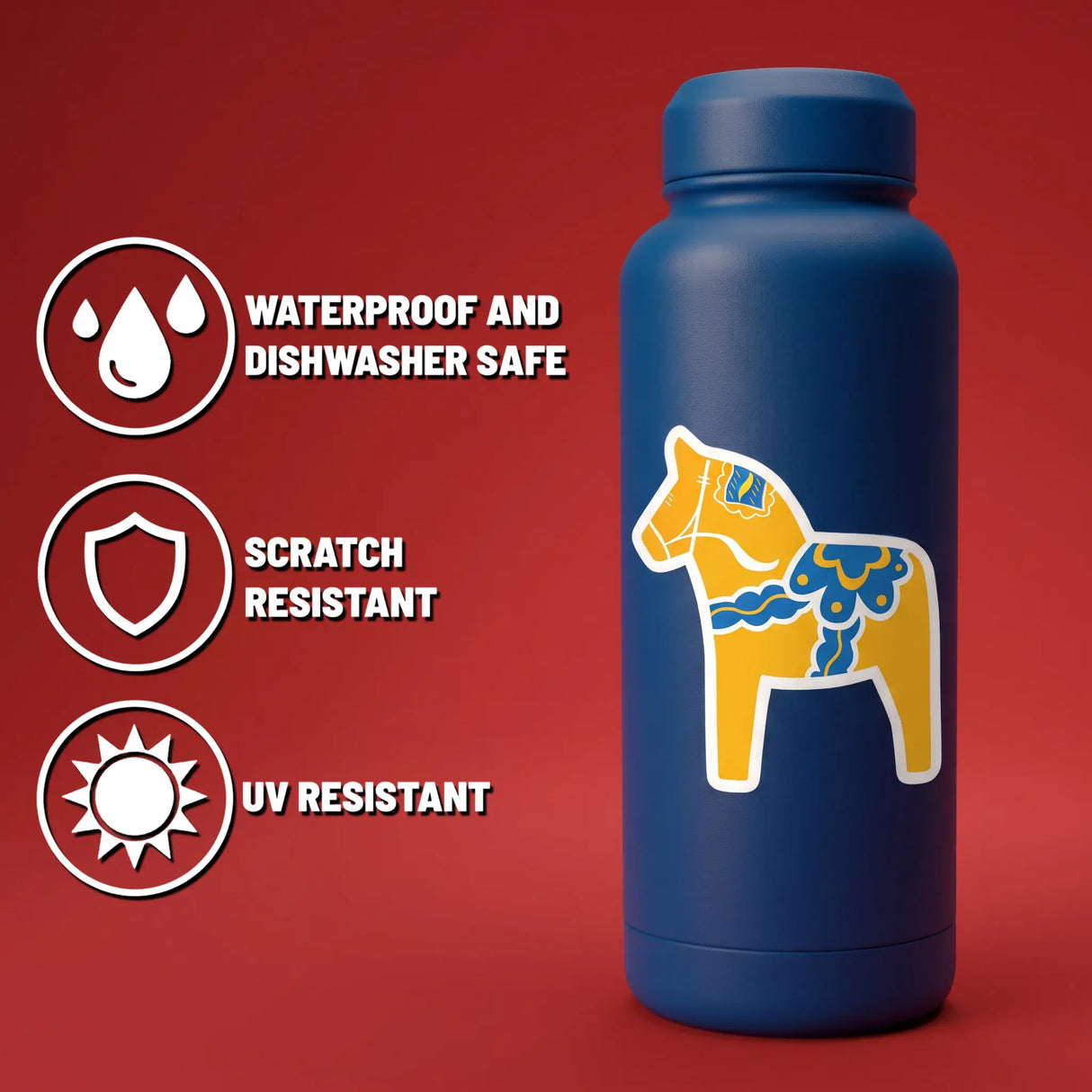 Blue bottle with a Swedish Dala Horse sticker on a red background, next to icons indicating waterproof, scratch resistant, and UV resistant features.