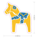 Yellow Swedish Dala horse sticker with blue and white patterns on its body, shown against a plain background. Sticker measures about 4 inches tall by 3.5 inches wide.