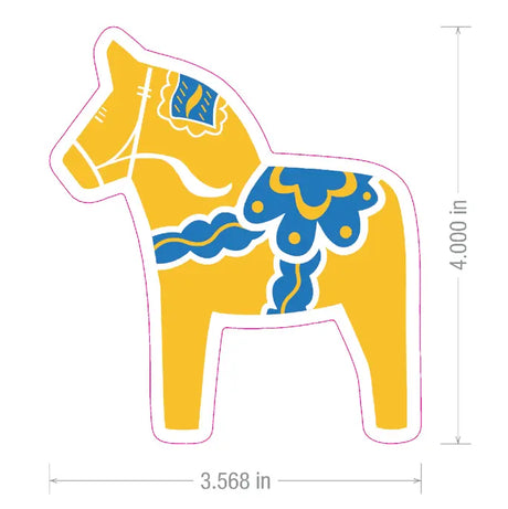 Yellow Swedish Dala horse sticker with blue and white patterns on its body, shown against a plain background. Sticker measures about 4 inches tall by 3.5 inches wide.