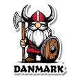 Sticker of a cartoon Danish Viking gnome wearing a horned helmet, holding a red axe and shield, positioned above bold black “DANMARK” text.
