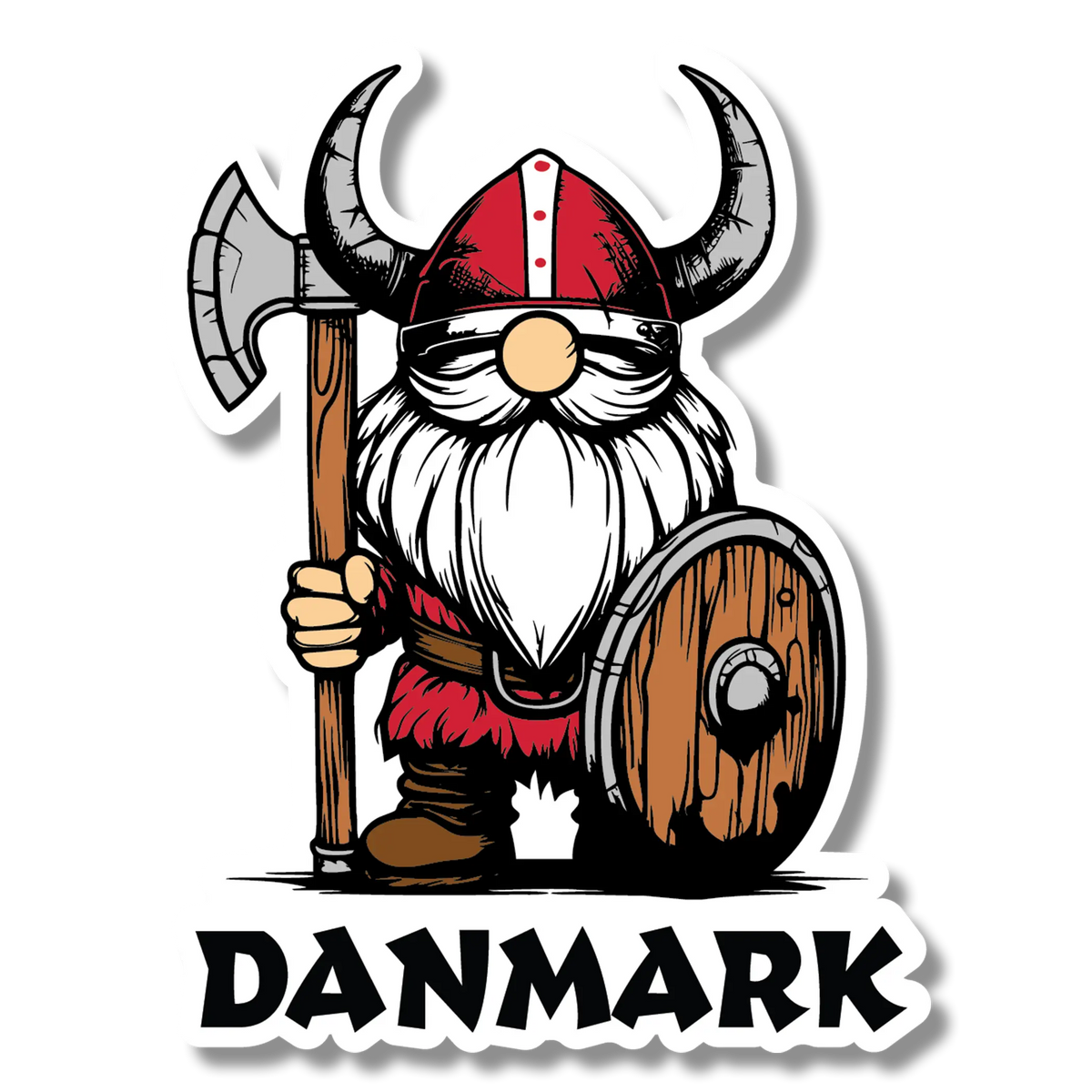 Sticker of a cartoon Danish Viking gnome wearing a horned helmet, holding a red axe and shield, positioned above bold black “DANMARK” text.