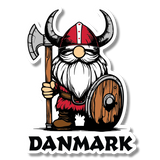 Sticker of a cartoon Danish Viking gnome wearing a horned helmet, holding a red axe and shield, positioned above bold black “DANMARK” text.