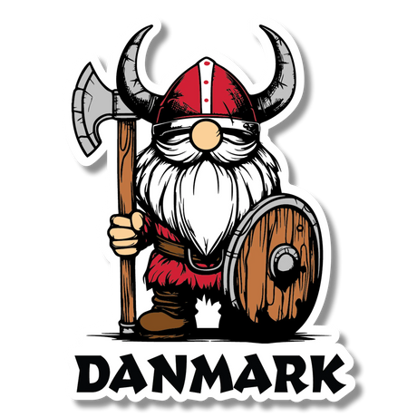 Sticker of a cartoon Danish Viking gnome wearing a horned helmet, holding a red axe and shield, positioned above bold black “DANMARK” text.