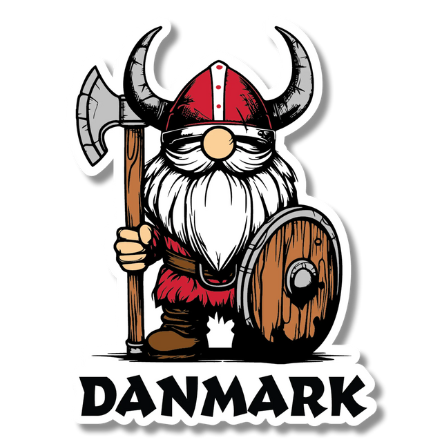 Sticker of a cartoon Danish Viking gnome wearing a horned helmet, holding a red axe and shield, positioned above bold black “DANMARK” text.