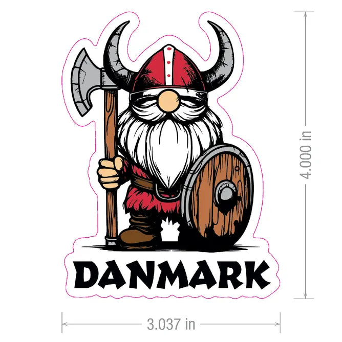 Sticker showing a cartoon Viking with a horned helmet, holding an axe and shield, standing above the word “DANMARK” in bold letters. Dimensions: 3.037 x 4 inches.