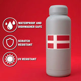 Gray bottle with a Danish flag sticker. Text on image reads: waterproof, dishwasher safe, scratch resistant, UV resistant. Nordic Stickers icons on red background.