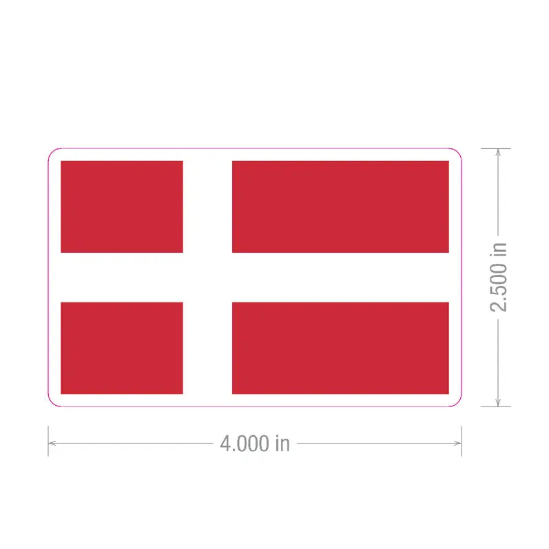 Rectangular sticker displaying the Danish flag with a white Nordic cross on a red background. Sticker measures 4 inches wide by 2.5 inches tall.