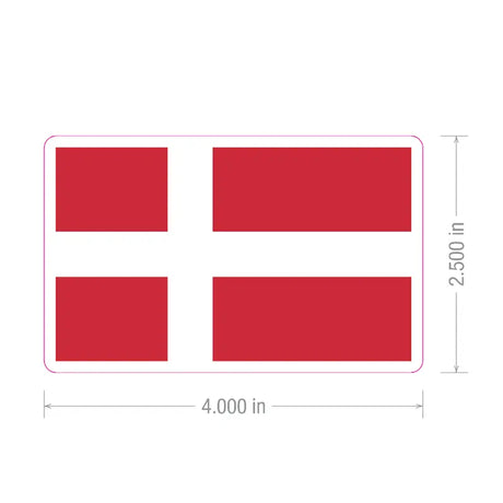 Rectangular sticker displaying the Danish flag with a white Nordic cross on a red background. Sticker measures 4 inches wide by 2.5 inches tall.