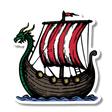 Sticker shows a Viking ship with a dragon head prow, red and white striped sail, shields along the sides, and blue waves underneath.