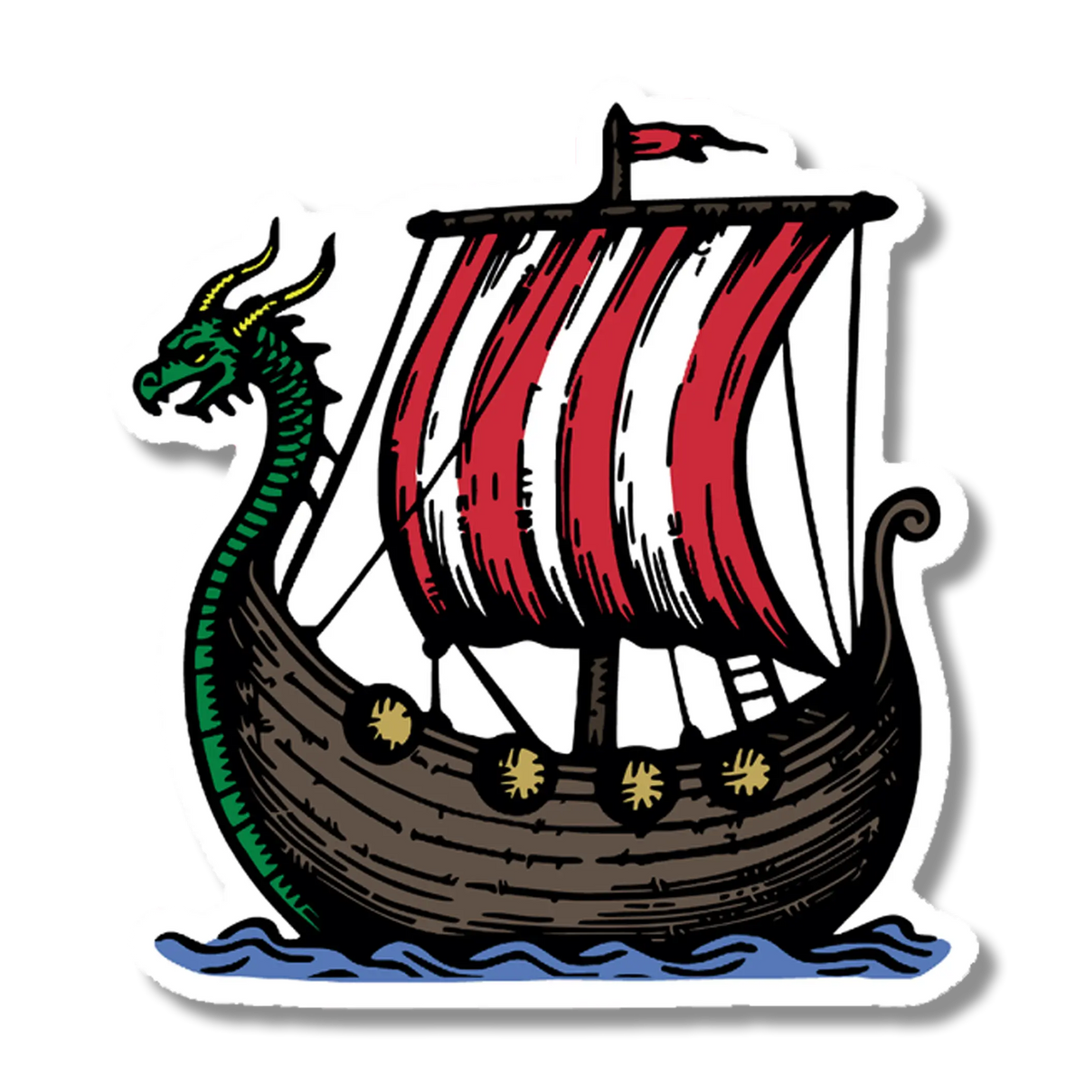 Sticker shows a Viking ship with a dragon head prow, red and white striped sail, shields along the sides, and blue waves underneath.