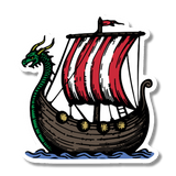 Sticker shows a Viking ship with a dragon head prow, red and white striped sail, shields along the sides, and blue waves underneath.