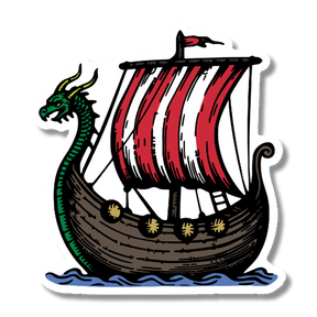 Sticker shows a Viking ship with a dragon head prow, red and white striped sail, shields along the sides, and blue waves underneath.