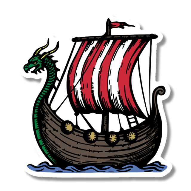 Sticker shows a Viking ship with a dragon head prow, red and white striped sail, shields along the sides, and blue waves underneath.