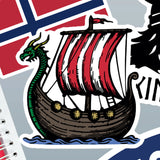Sticker showing a cartoon Viking ship with dragonhead prow, red and white sail, and shields, positioned over part of a Norwegian flag.