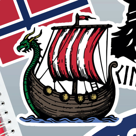 Sticker showing a cartoon Viking ship with dragonhead prow, red and white sail, and shields, positioned over part of a Norwegian flag.