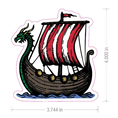 Sticker showing a Viking ship with a green dragon head at the prow, red-and-white striped sail, and brown hull floating on blue water. Approx. 4 x 3.7 inches.