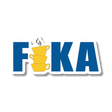 Blue letters spelling FIKA, with the I shown as three stacked yellow coffee cups; steam rises from the top cup, referencing Swedish coffee culture.