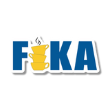 Blue letters spelling FIKA, with the I shown as three stacked yellow coffee cups; steam rises from the top cup, referencing Swedish coffee culture.