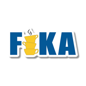 Blue letters spelling FIKA, with the I shown as three stacked yellow coffee cups; steam rises from the top cup, referencing Swedish coffee culture.