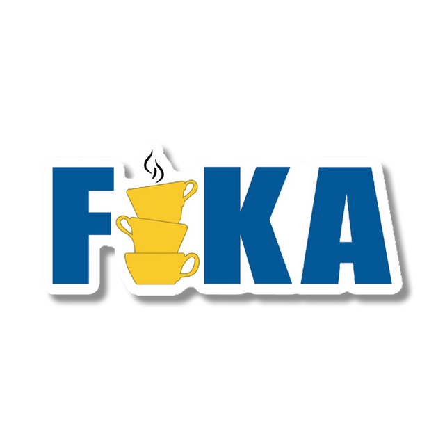Blue letters spelling FIKA, with the I shown as three stacked yellow coffee cups; steam rises from the top cup, referencing Swedish coffee culture.