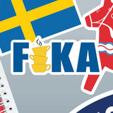 Sticker sheet with a Fika sticker, Swedish flag, stacked yellow cups labeled FIKA, red Dala horse, and a notebook on a light gray background.