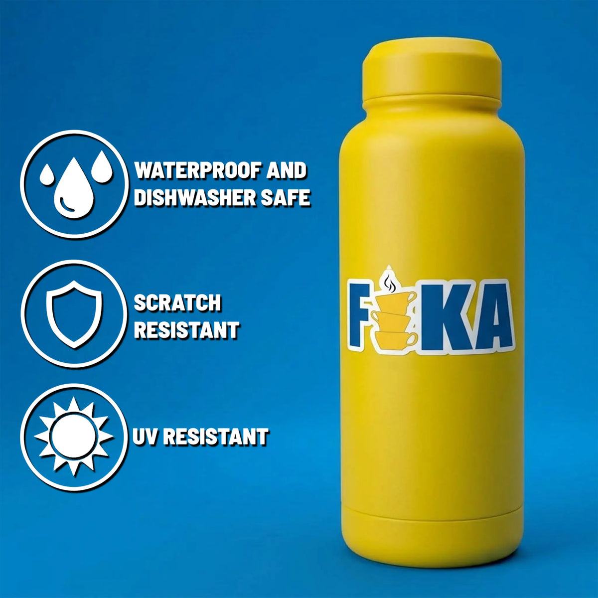 Yellow FIKA water bottle on a blue background, with visible icons showing waterproof, dishwasher safe, scratch resistant, and UV resistant features.