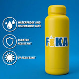 Yellow FIKA water bottle on a blue background, with visible icons showing waterproof, dishwasher safe, scratch resistant, and UV resistant features.