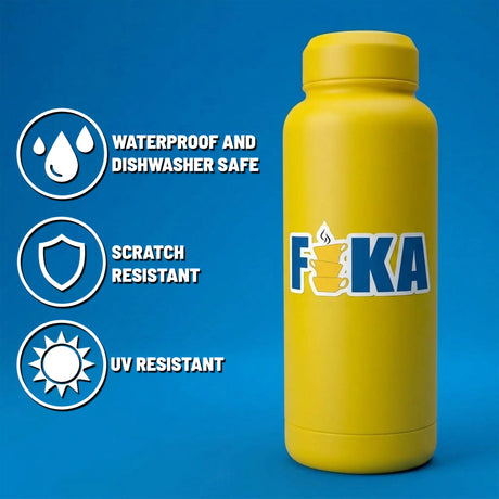 Yellow FIKA water bottle on a blue background, with visible icons showing waterproof, dishwasher safe, scratch resistant, and UV resistant features.